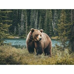 Majestic Grizzly Bear by Lake | Wildlife Canvas Print  16" high x 20" wide